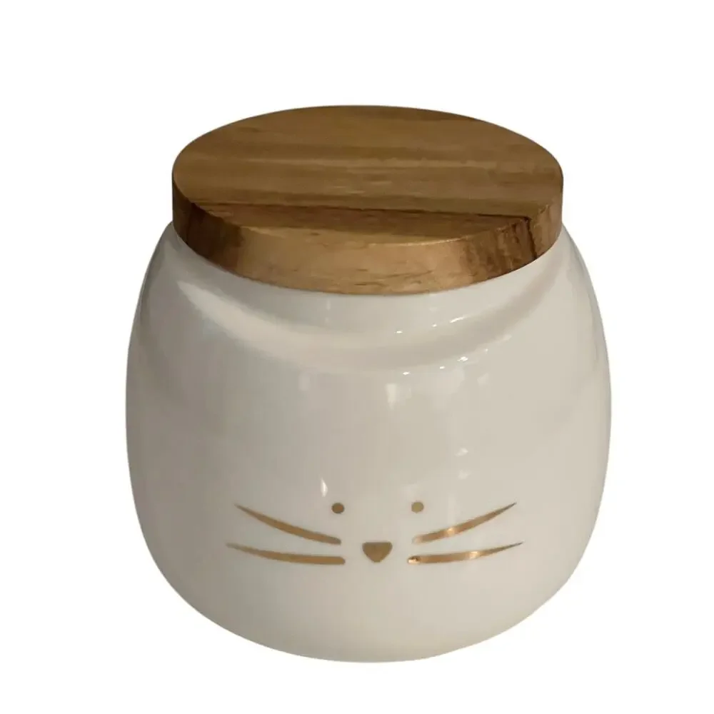 Set of 2 Ceramic Cat Treat Jars Bamboo Lids White Gold Whiskers Pet Canisters